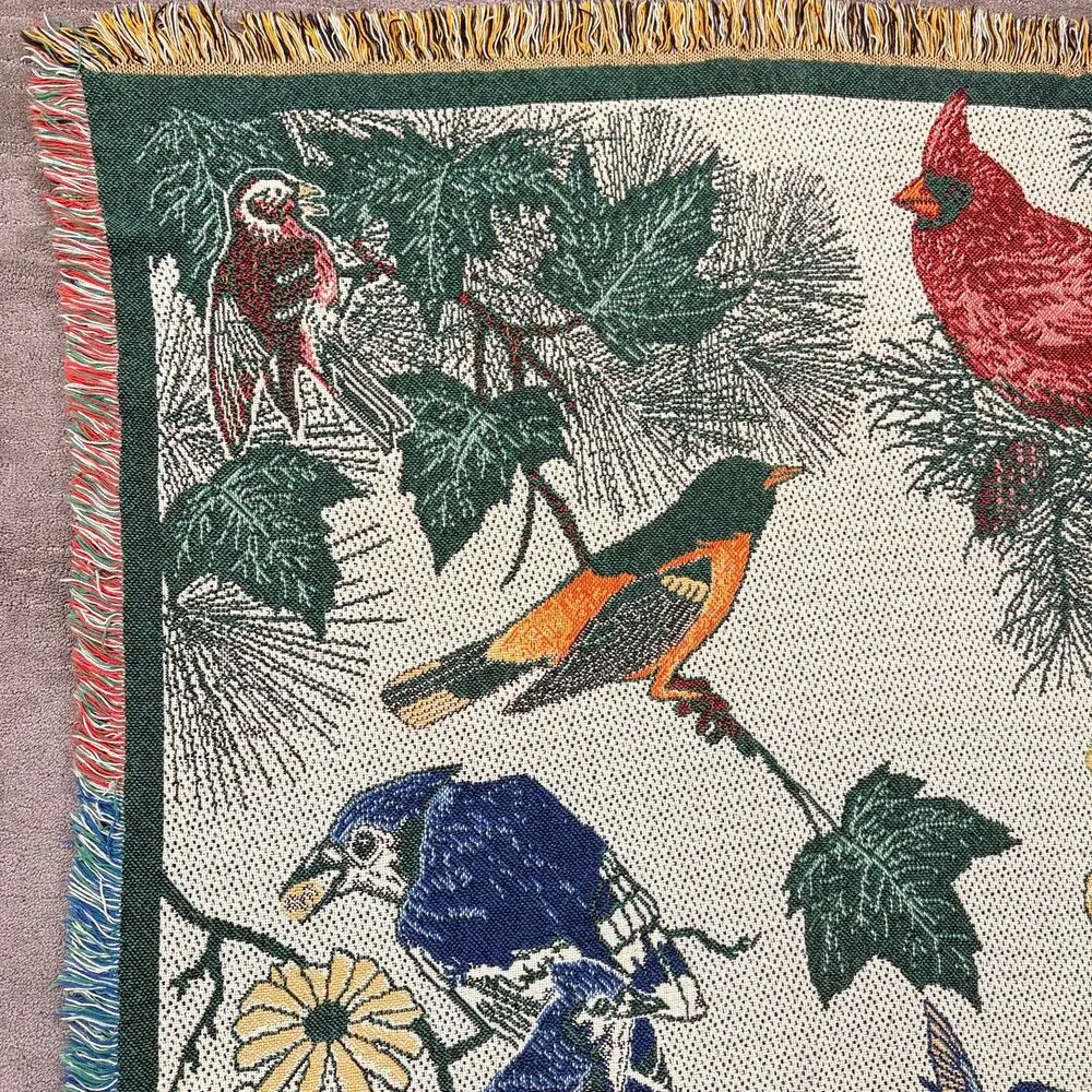 Vintage Nature Bird & Flower Woven Tapestry Throw Blanket Fringed 46